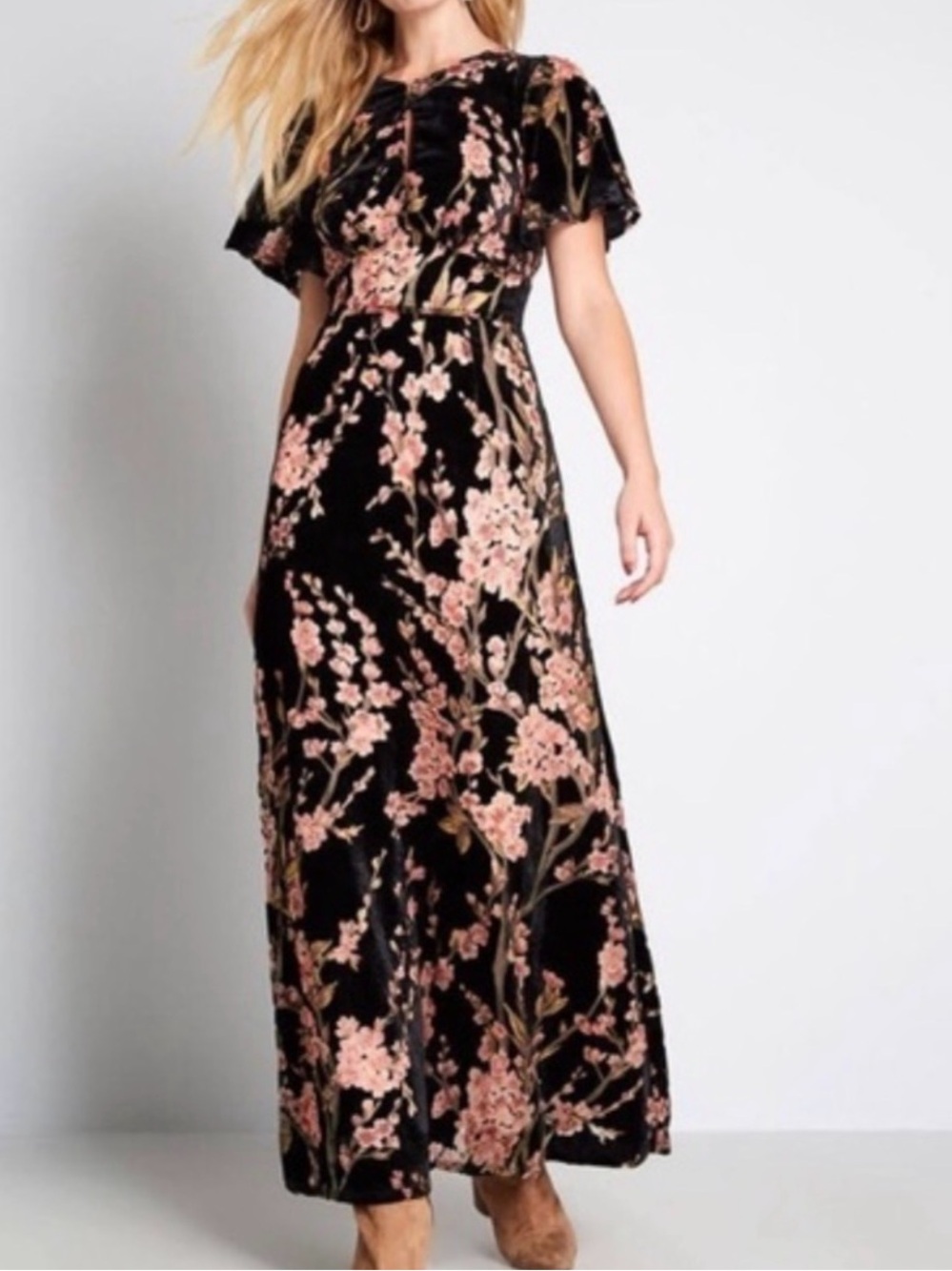 ModCloth Soiree Saunter Velvet Maxi Dress Black Floral